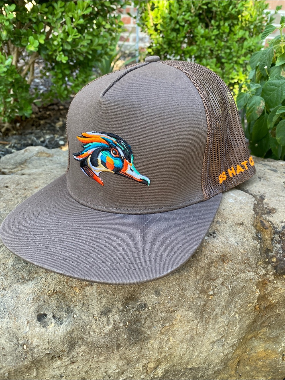 Southern String Hat Co.  Colorful Duck Embroidered on Brown Trucker Hat
